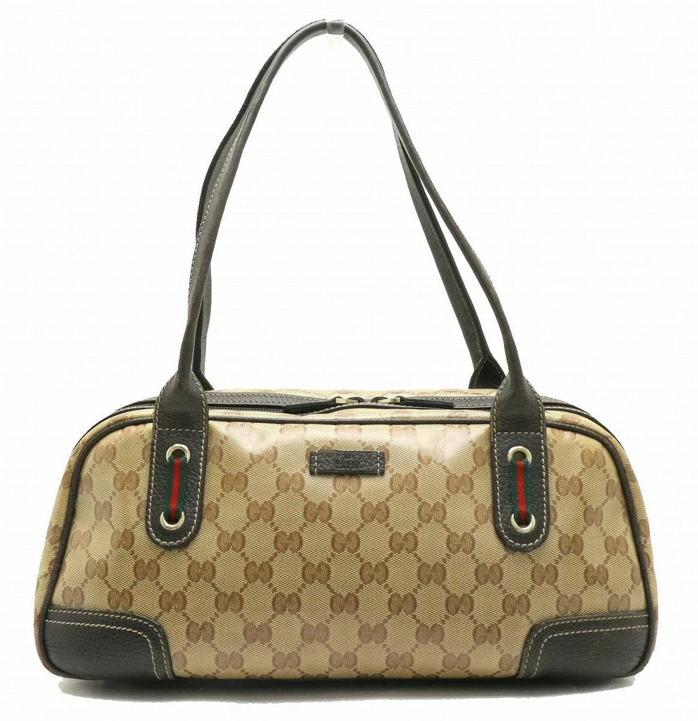 Gucci GG Crystal Boston Bag Shoulder Canvas Leather Beige Brown Cream